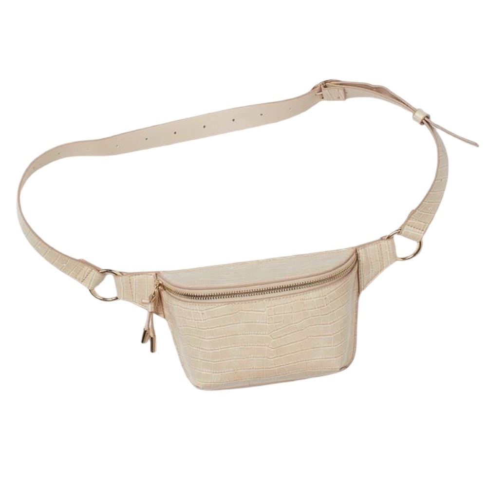 Waist Crossbody Bag Fanny Pack Beige Faux Leather Crocodile Print Gold Hardware